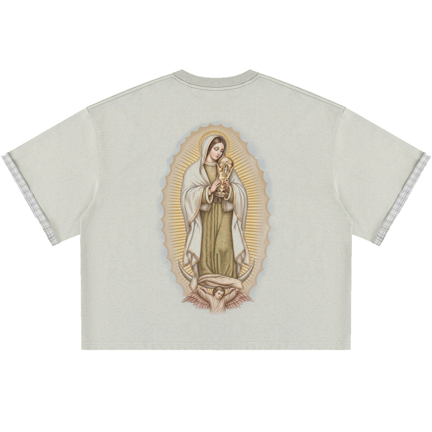 Light gray t-shirt with a graphic of a religious icon on a white background