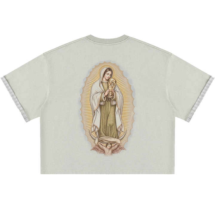 Light gray t-shirt with a graphic of a religious icon on a white background