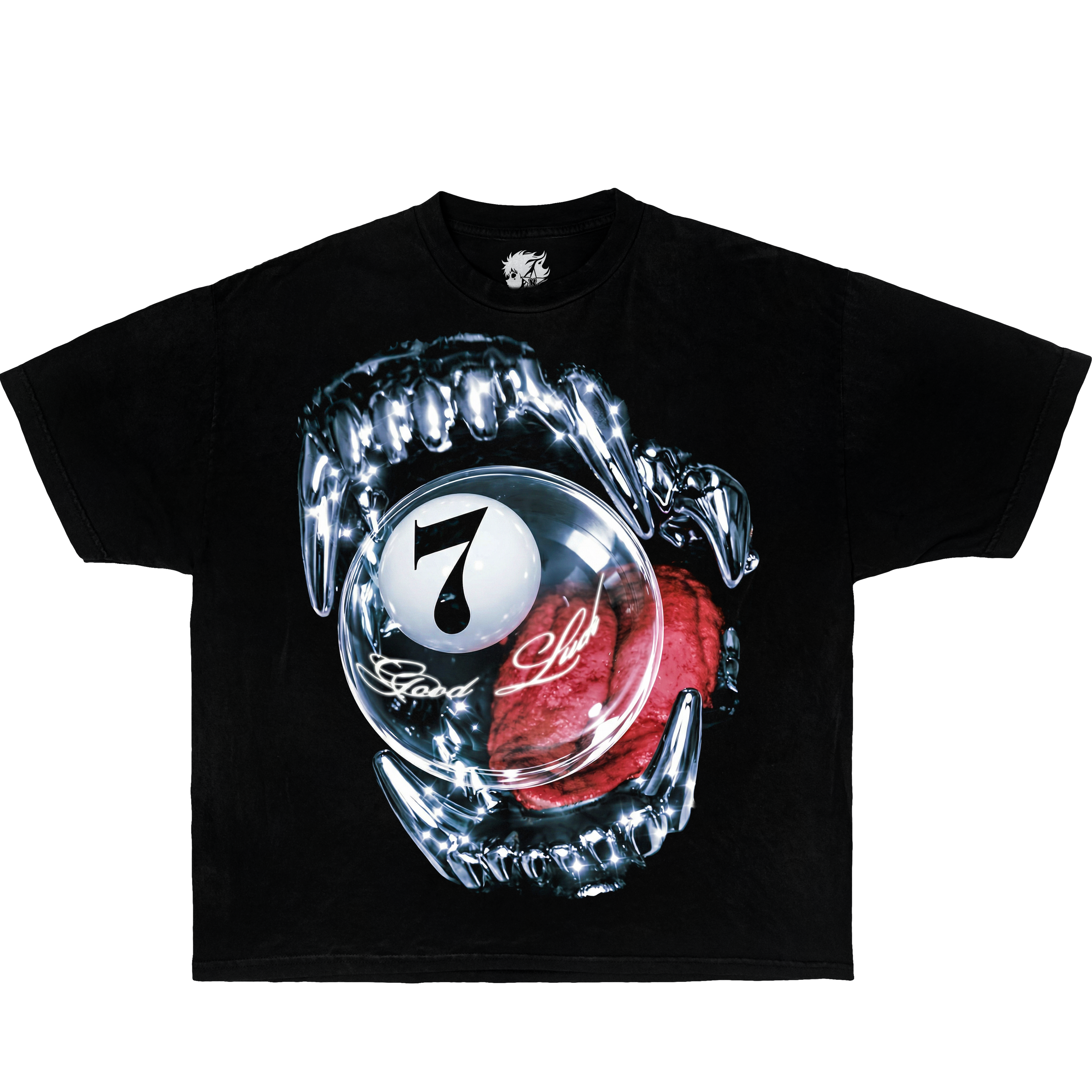 Graphic T-shirt Lucky Seven Fate, black oversized tee with chrome jaw surrounding a glass orb and 7.