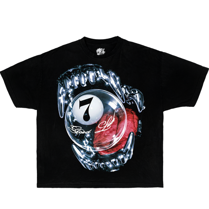 Graphic T-shirt Lucky Seven Fate, black oversized tee with chrome jaw surrounding a glass orb and 7.