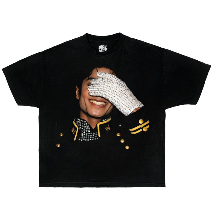 T-shirt featuring MJ Michael Jackson glove graphic on a black boxy oversized tee with rhinestone glove