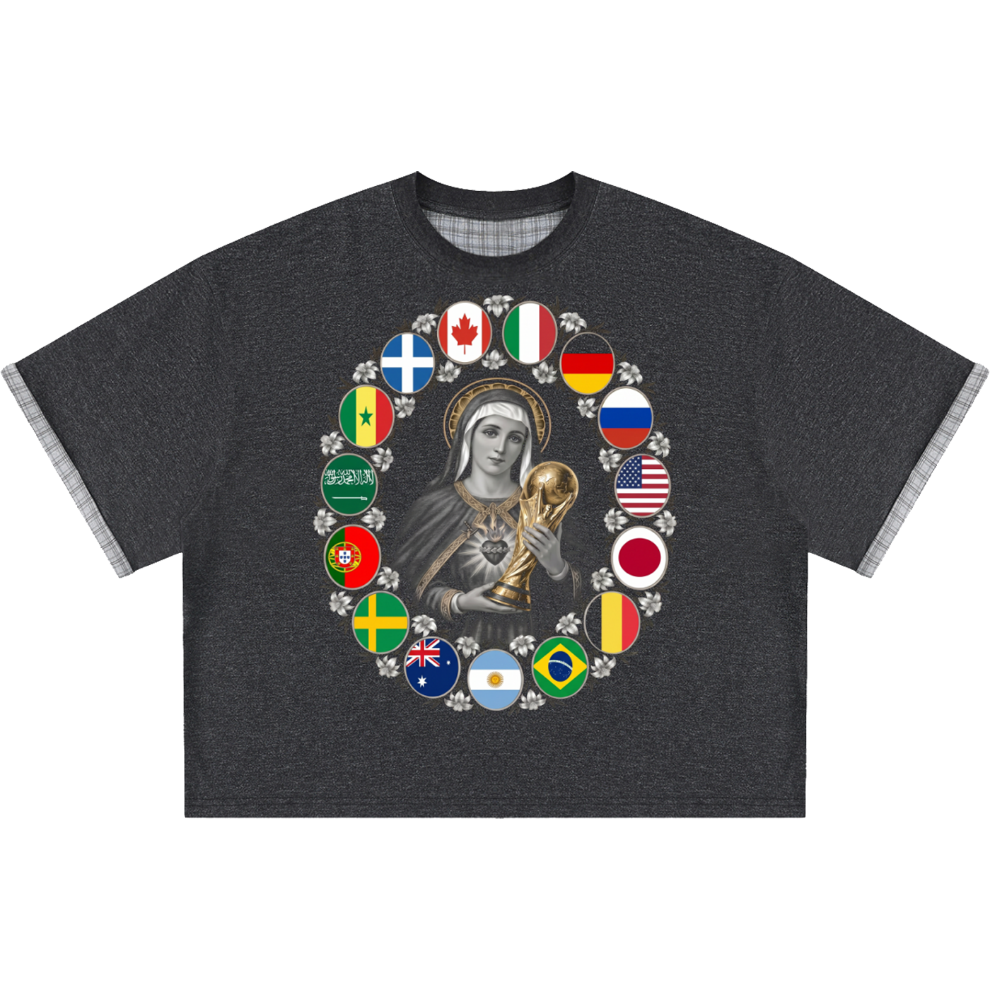 Virgin Mary World Cup Boxy Plaid Double Layered Charcoal T-Shirt Oversized Tee