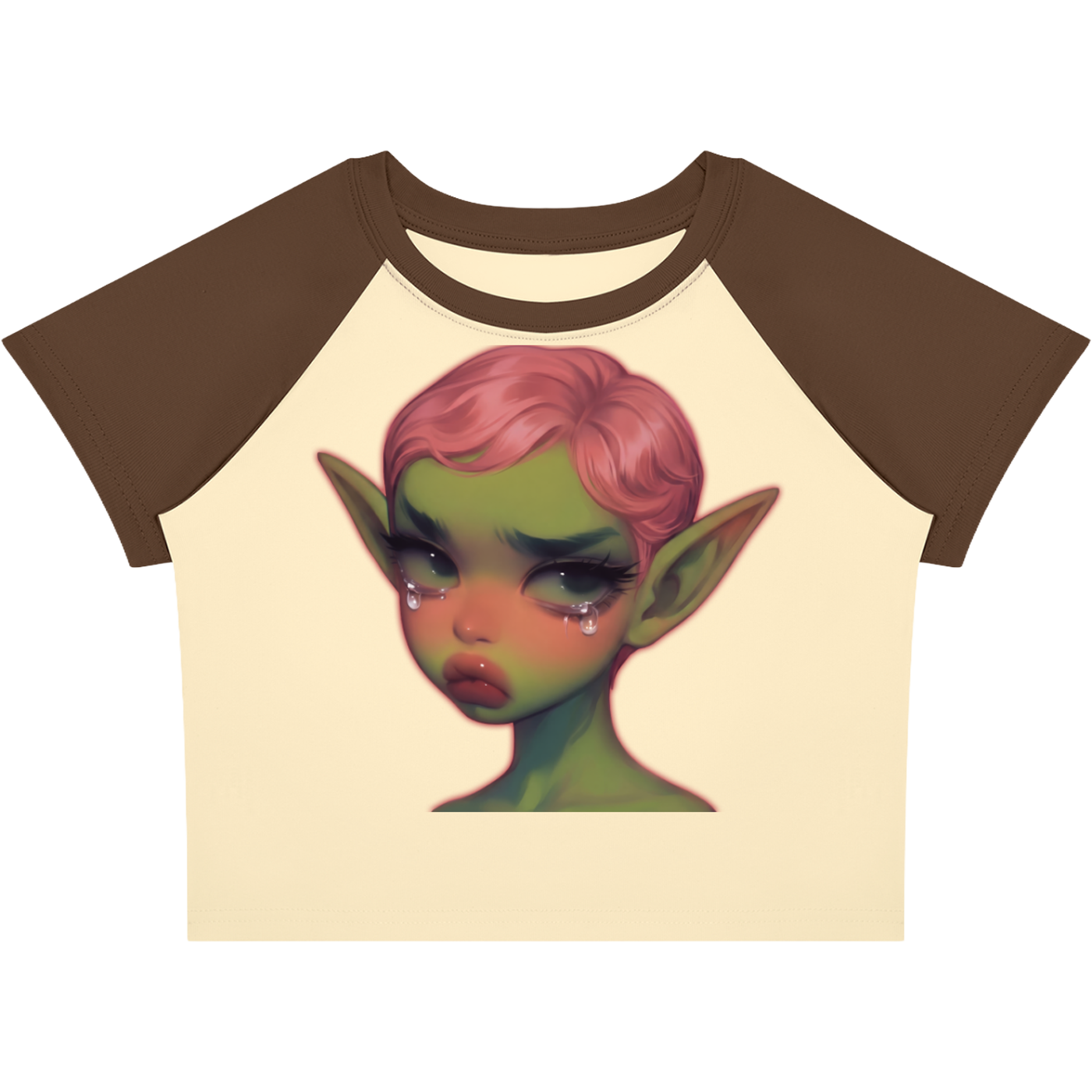 Crying Elf Girl Color-Block Raglan Crop Tee (Brown/Cream)