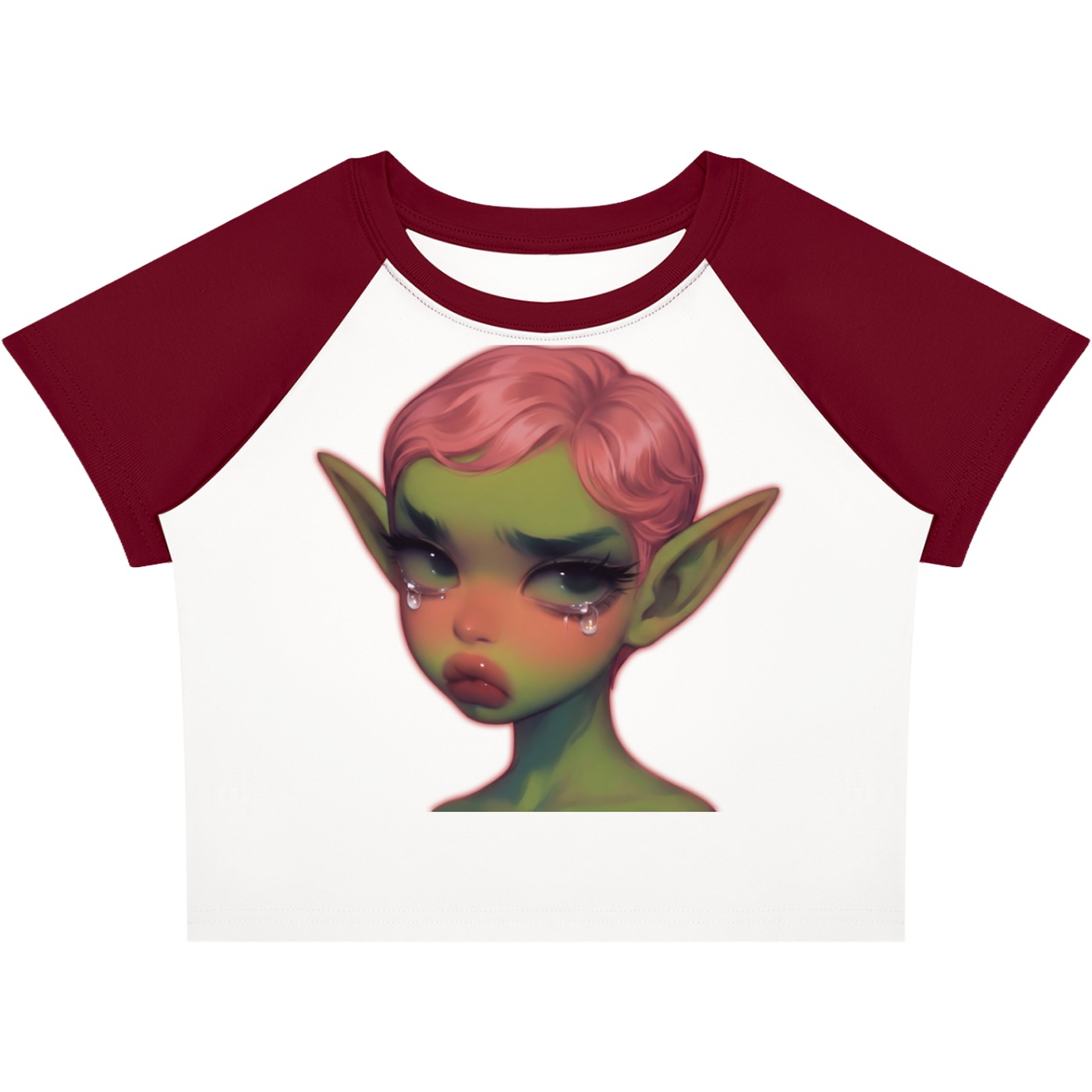 Crying Elf Girl Color-Block Raglan Crop Tee (Maroon/White)
