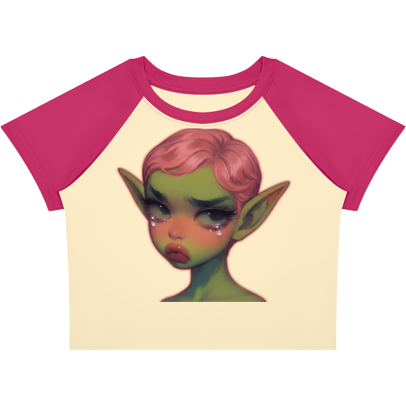 Crying Elf Girl Color-Block Raglan Crop Tee (Magenta/Cream)