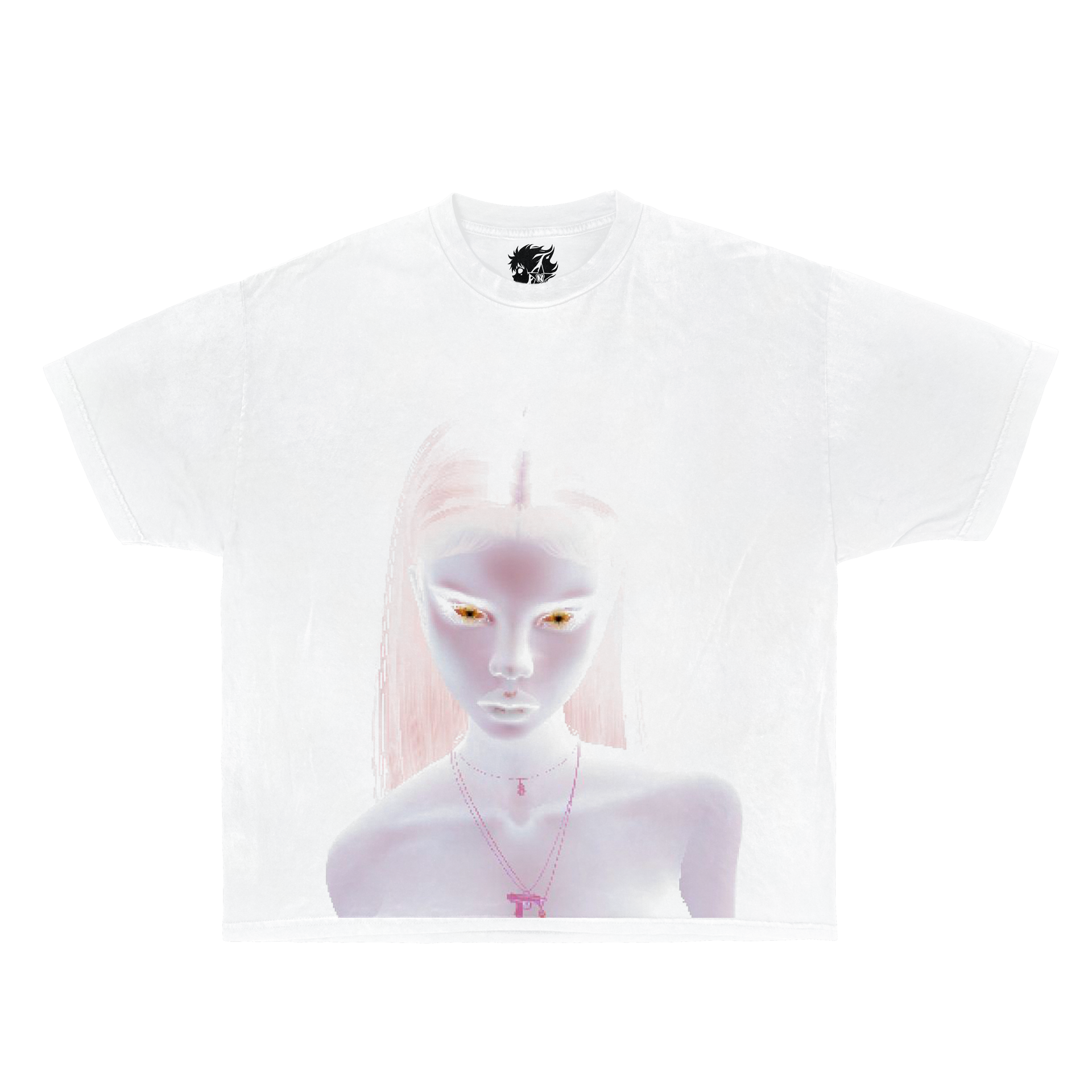 White t-shirt with alien design on a mannequin against a white background