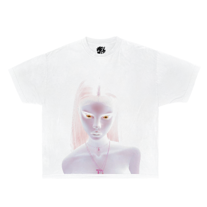 White t-shirt with alien design on a mannequin against a white background