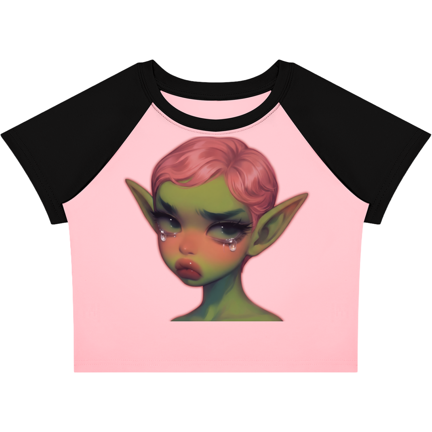 Crying Elf Girl Color-Block Raglan Crop Tee (Black/Pink)