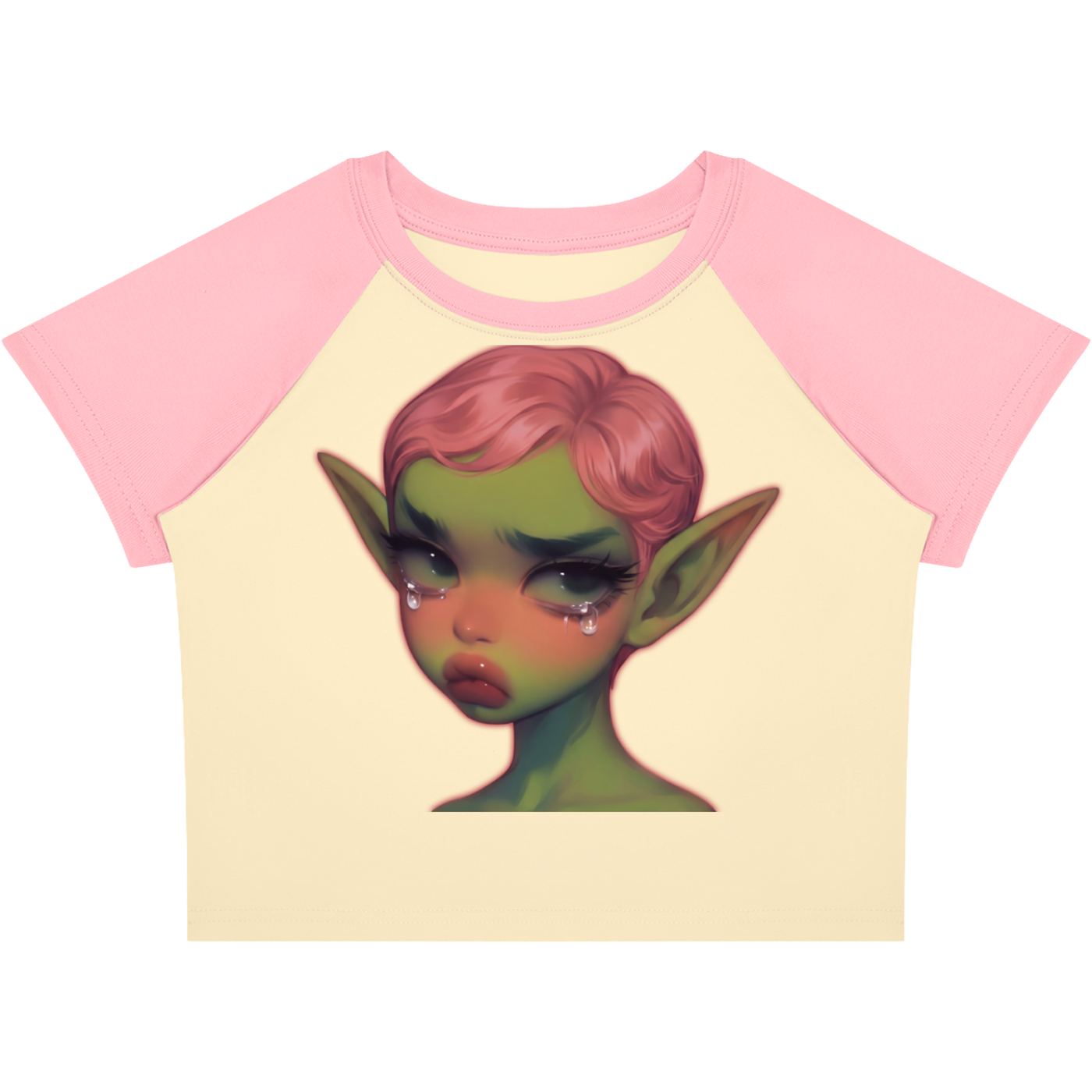 Crying Elf Girl Color-Block Raglan Crop Tee (Pink/Cream)