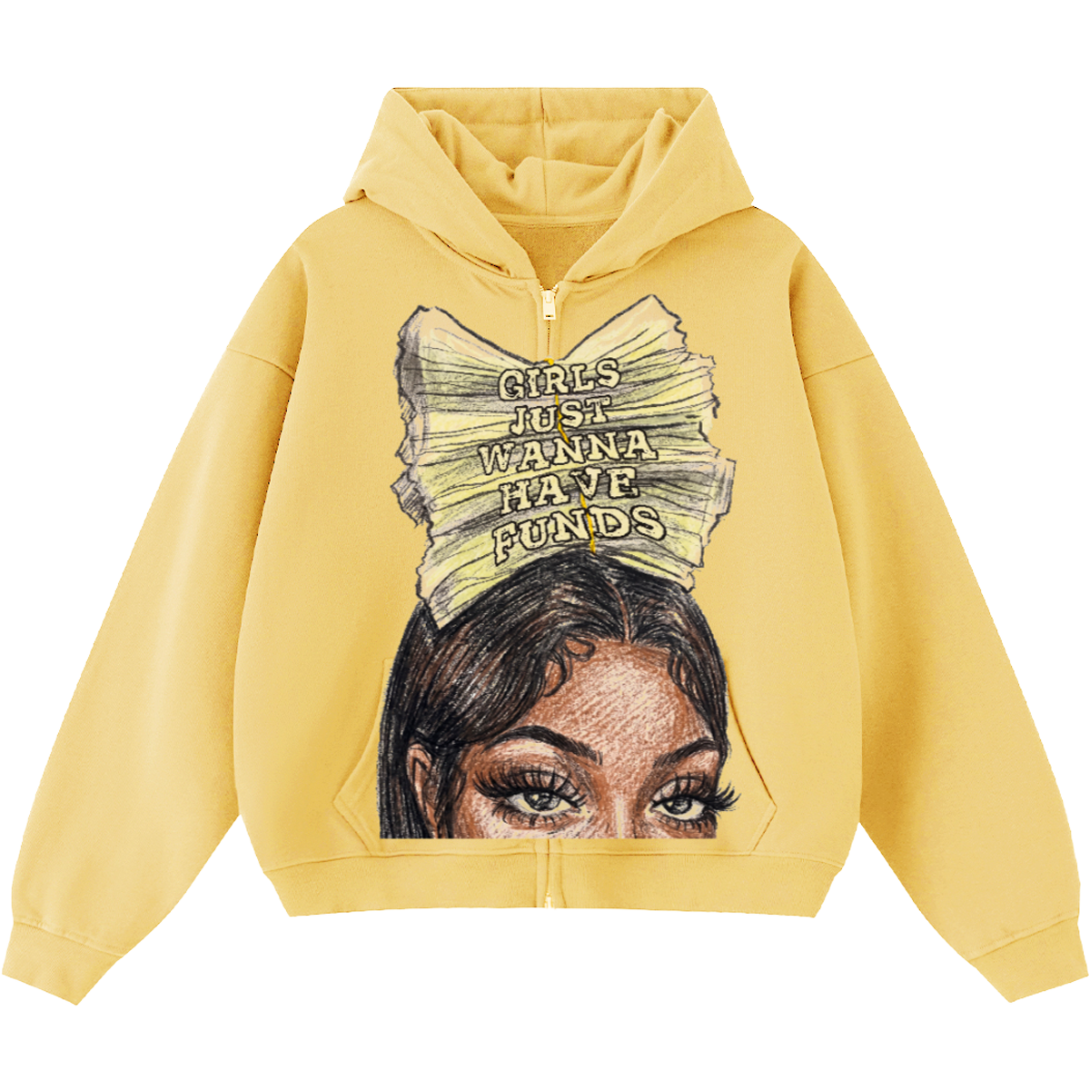 "Girls Just Wanna Have Funds" Graphic Cropped Boxy Zip-Up Hoodie