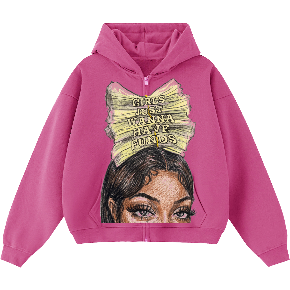 "Girls Just Wanna Have Funds" Graphic Cropped Boxy Zip-Up Hoodie