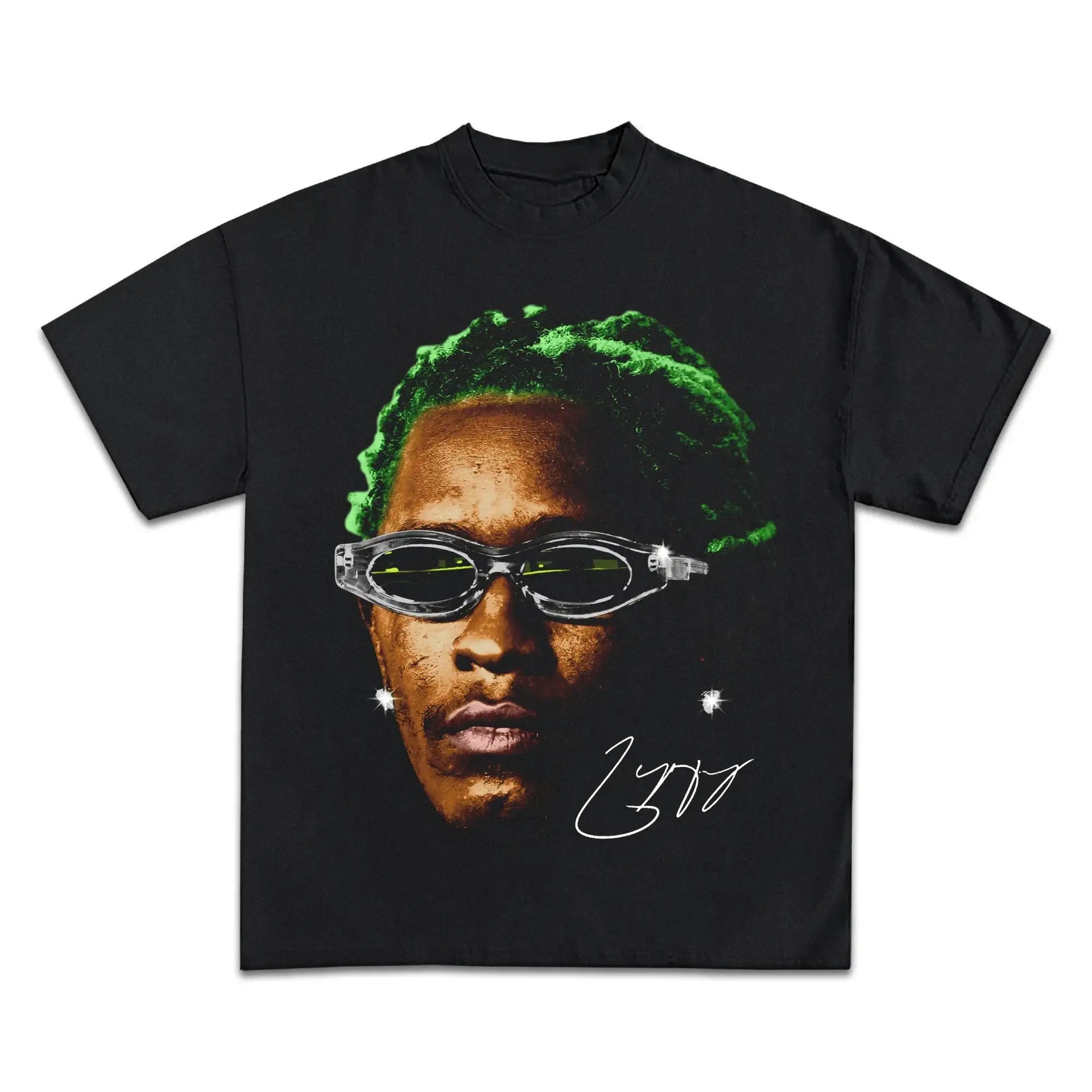 Black t-shirt with a graphic of a person with green hair and sunglasses on a white background. thug shirt. Yung thug shirts