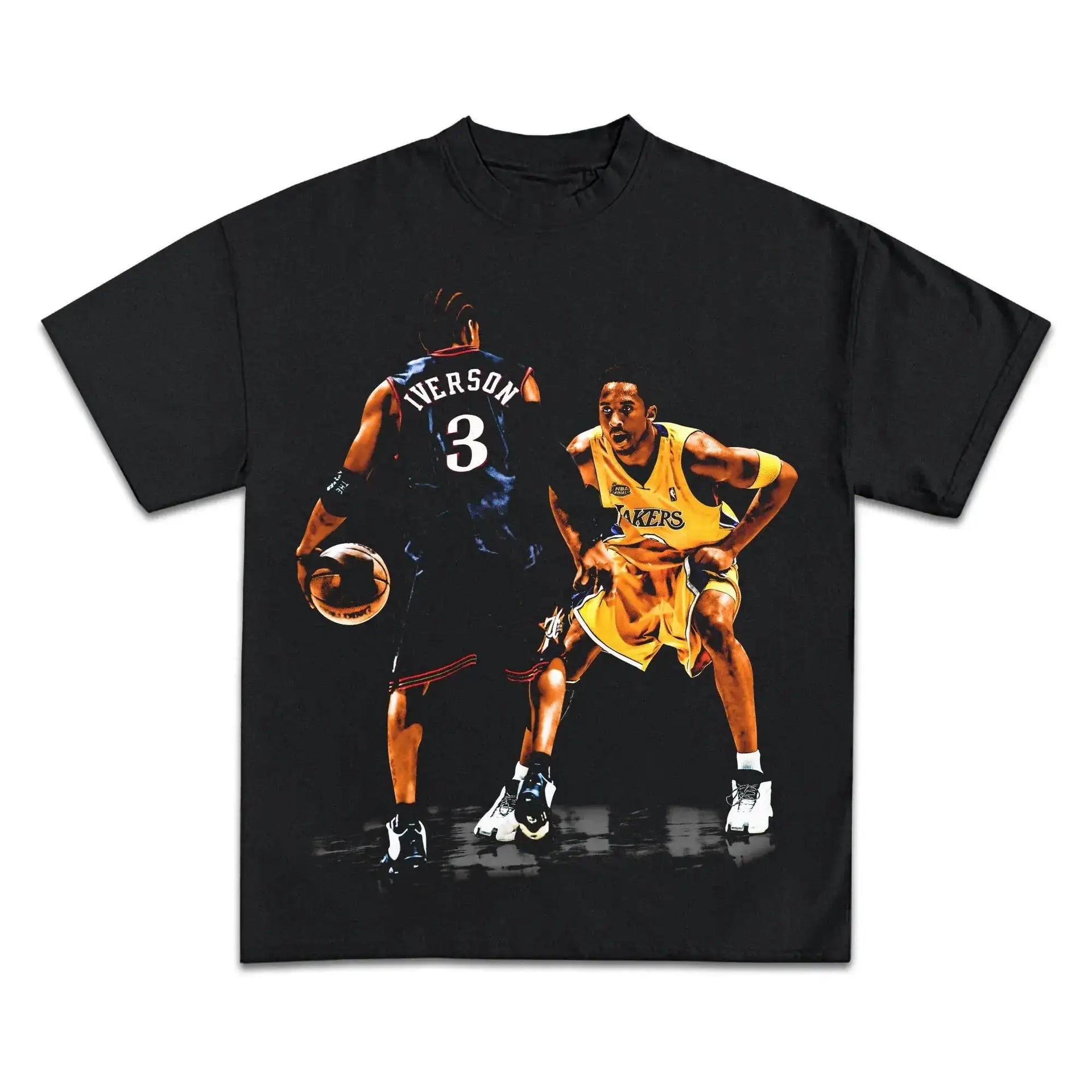 Black t-shirt with a graphic of two basketball players on a white background. kobe bryant and allen iverson shirt boxy vintage oversized unisex retro