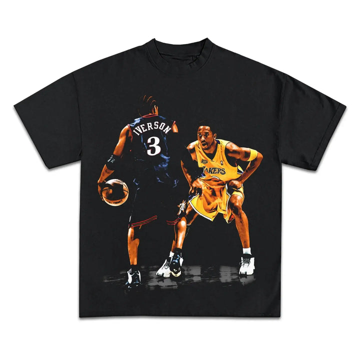 Black t-shirt with a graphic of two basketball players on a white background. kobe bryant and allen iverson shirt boxy vintage oversized unisex retro
