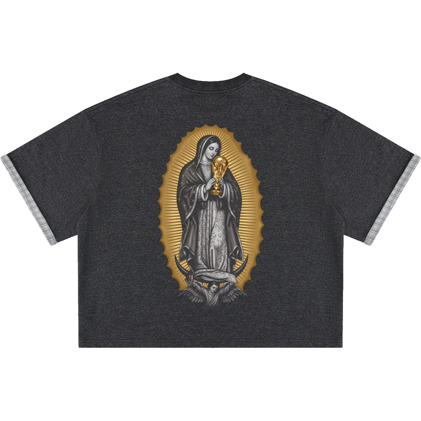 Virgin Mary World Cup Boxy Plaid Double Layered Charcoal T-Shirt Oversized Tee