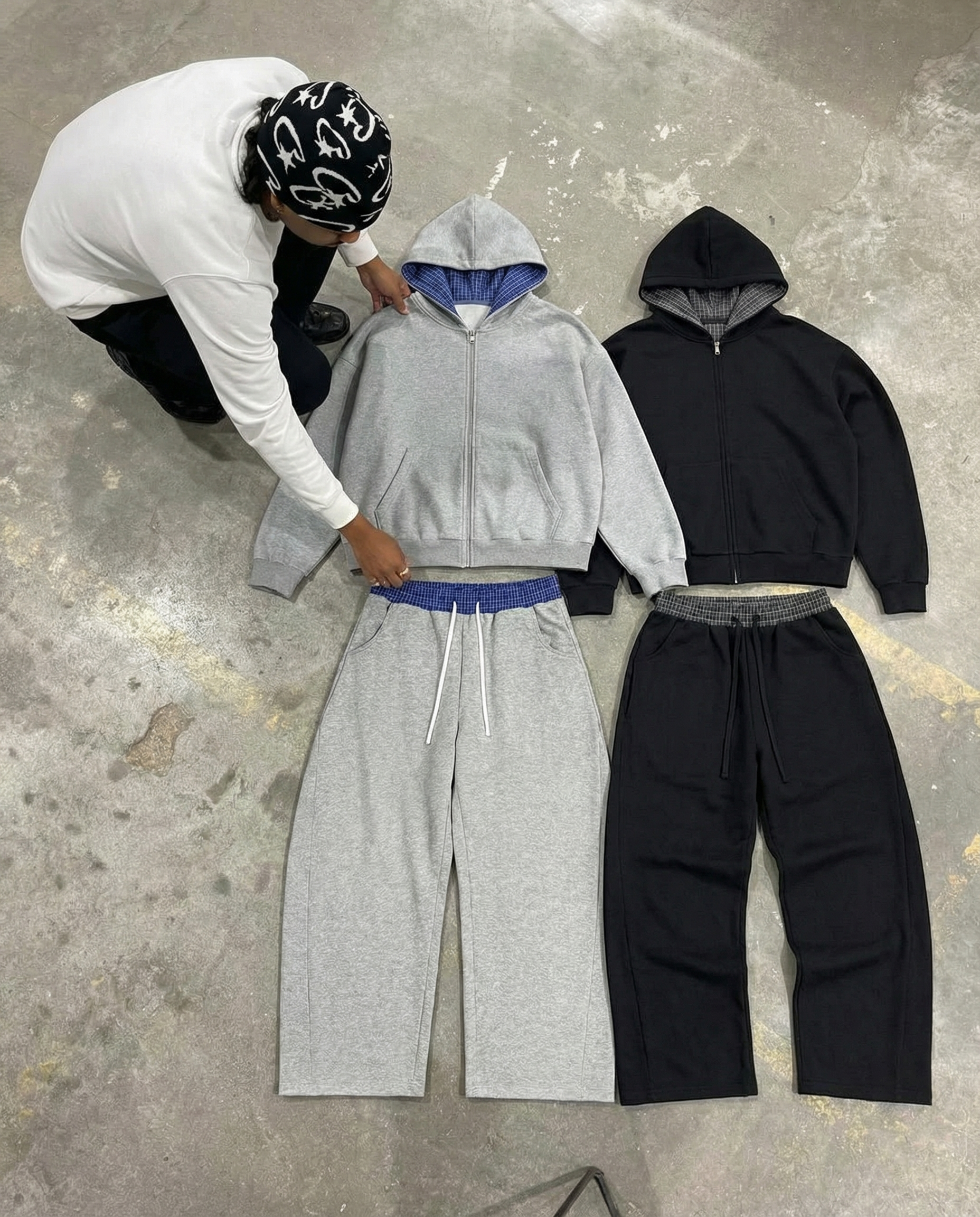 Plaid Waistband Barrel Oversized Y2K Flared Black Sweatpants - Neniom