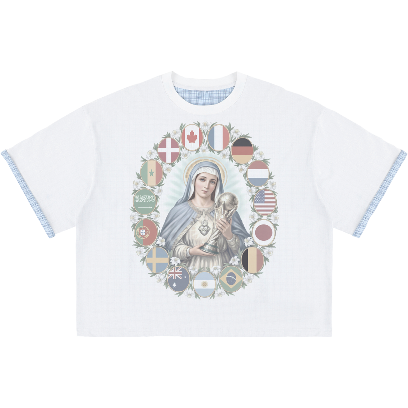 White t-shirt with a graphic design of a religious figure holding a soccer ball surrounded by various flags on a white background.