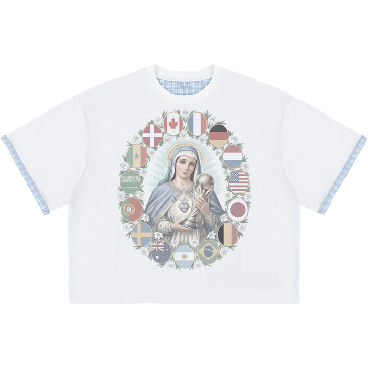 White t-shirt with a graphic design of a religious figure holding a soccer ball surrounded by various flags on a white background.