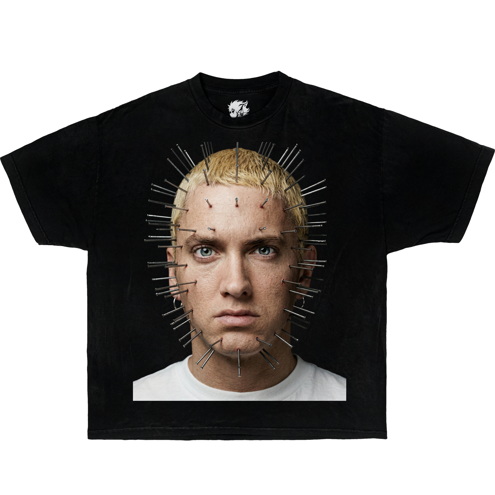 Black t-shirt with a graphic design of a person with pins in their head on a white background