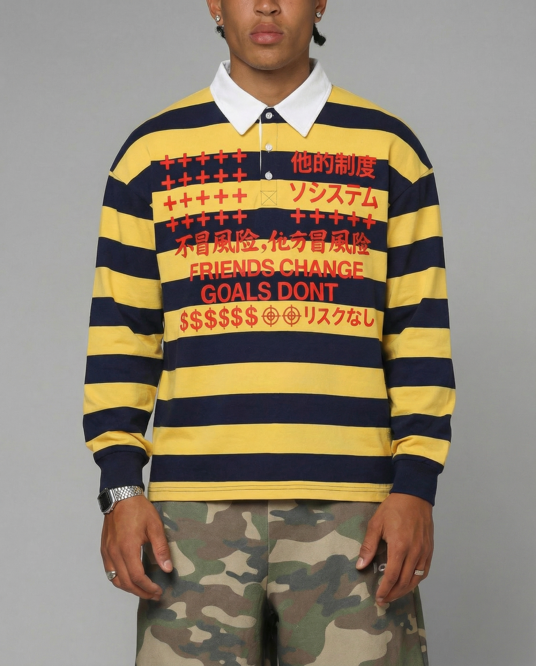 Friends Change, Money Don't Collared Color Block Stripe Polo Shirt Yellow / Navy Blue / Red - Neniom