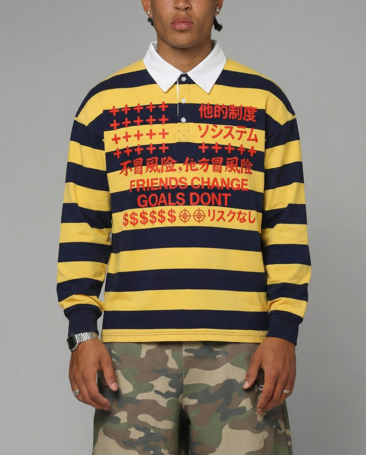 Friends Change, Money Don't Collared Color Block Stripe Polo Shirt Yellow / Navy Blue / Red - Neniom