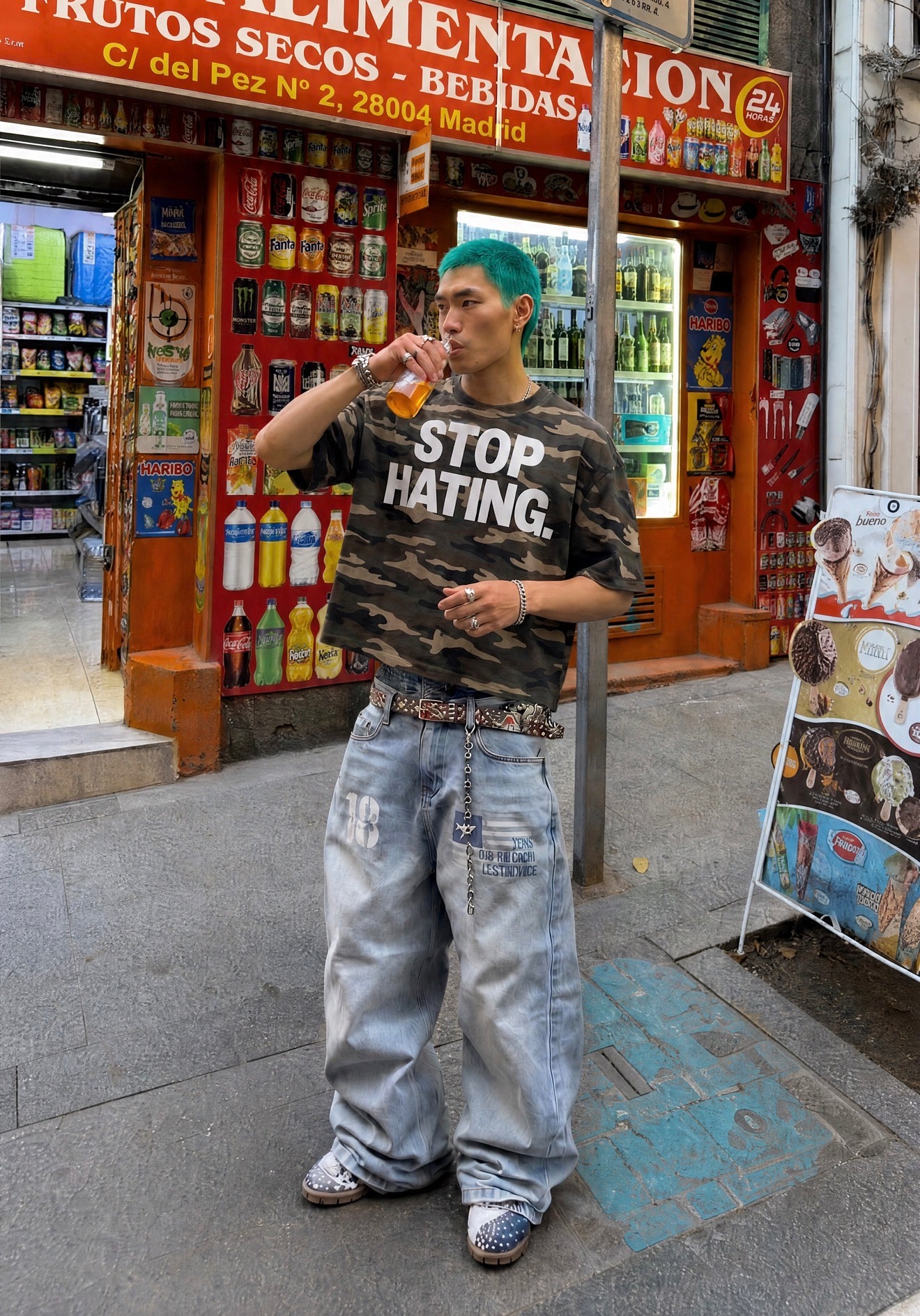 "STOP HATING" Urban Camouflage Cropped Oversized Shirt Streetwear Boxy Unisex Top