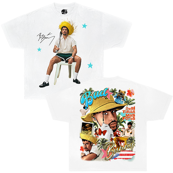 White graphic t-shirt with a colorful graphic design featuring music artist bad bunny in a hat and various elements. bonito bowl