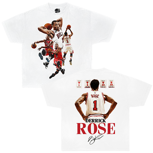 T-shirt with derrick rose drose basketball player graphics and 'Derrick Rose' text on a white background