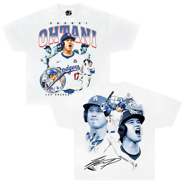 T-shirt with images of a Shohei Ohtani MVP Collage Tee baseball player and text on a white background