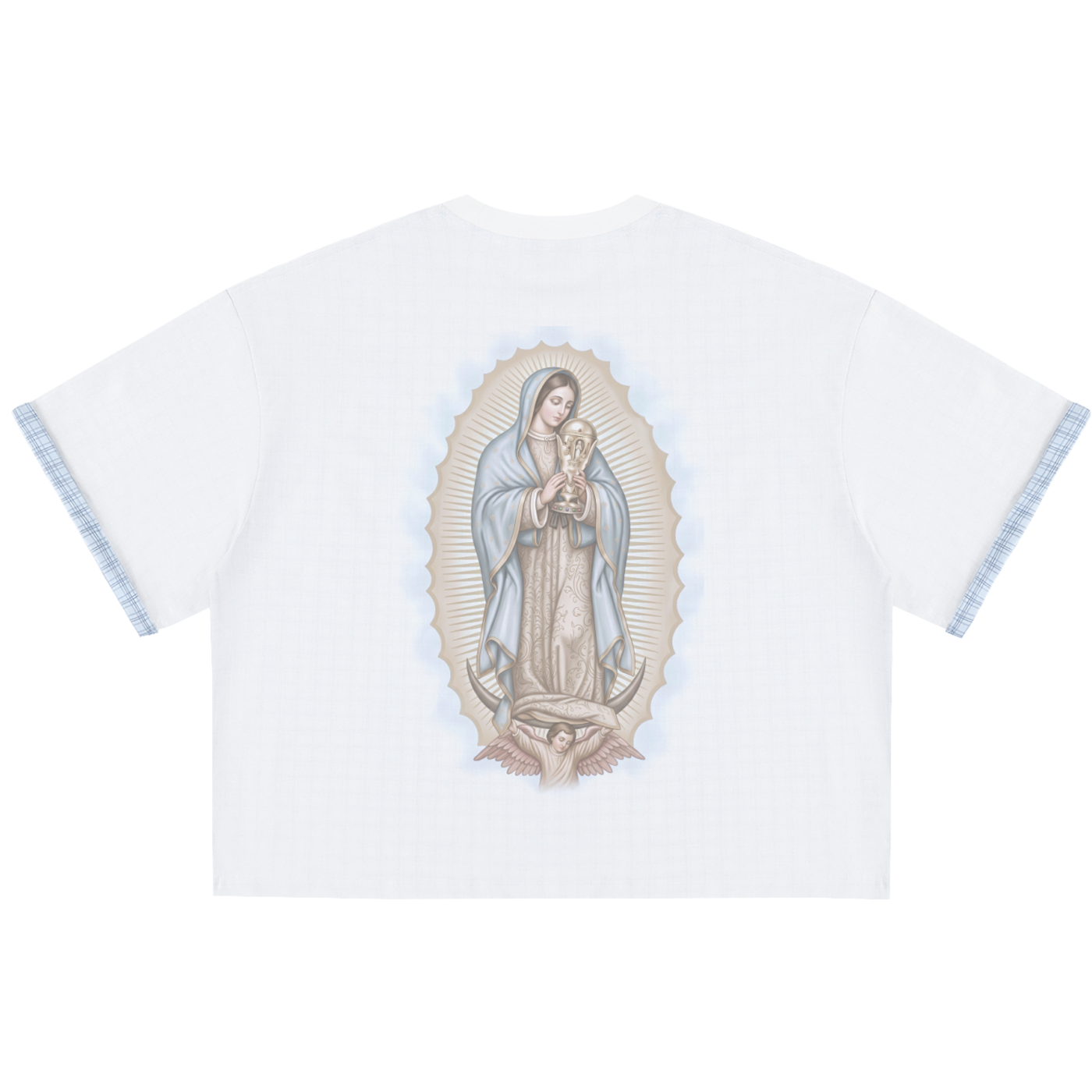 White t-shirt with a religious icon design on a white background