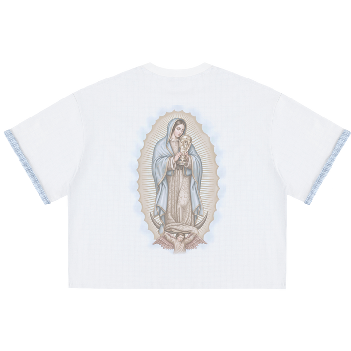 White t-shirt with a religious icon design on a white background
