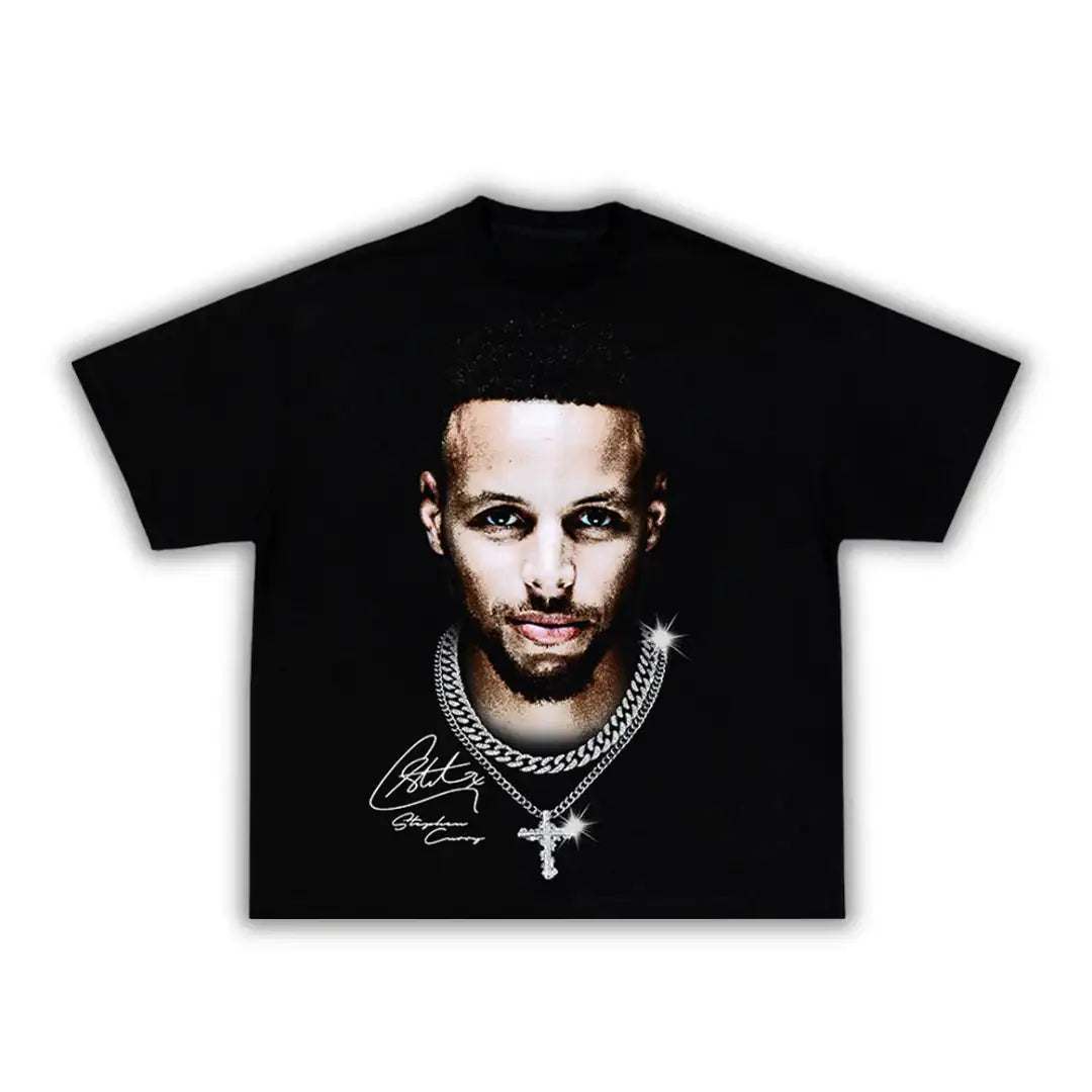 Black t-shirt with a graphic of a person wearing a chain necklace on a white background