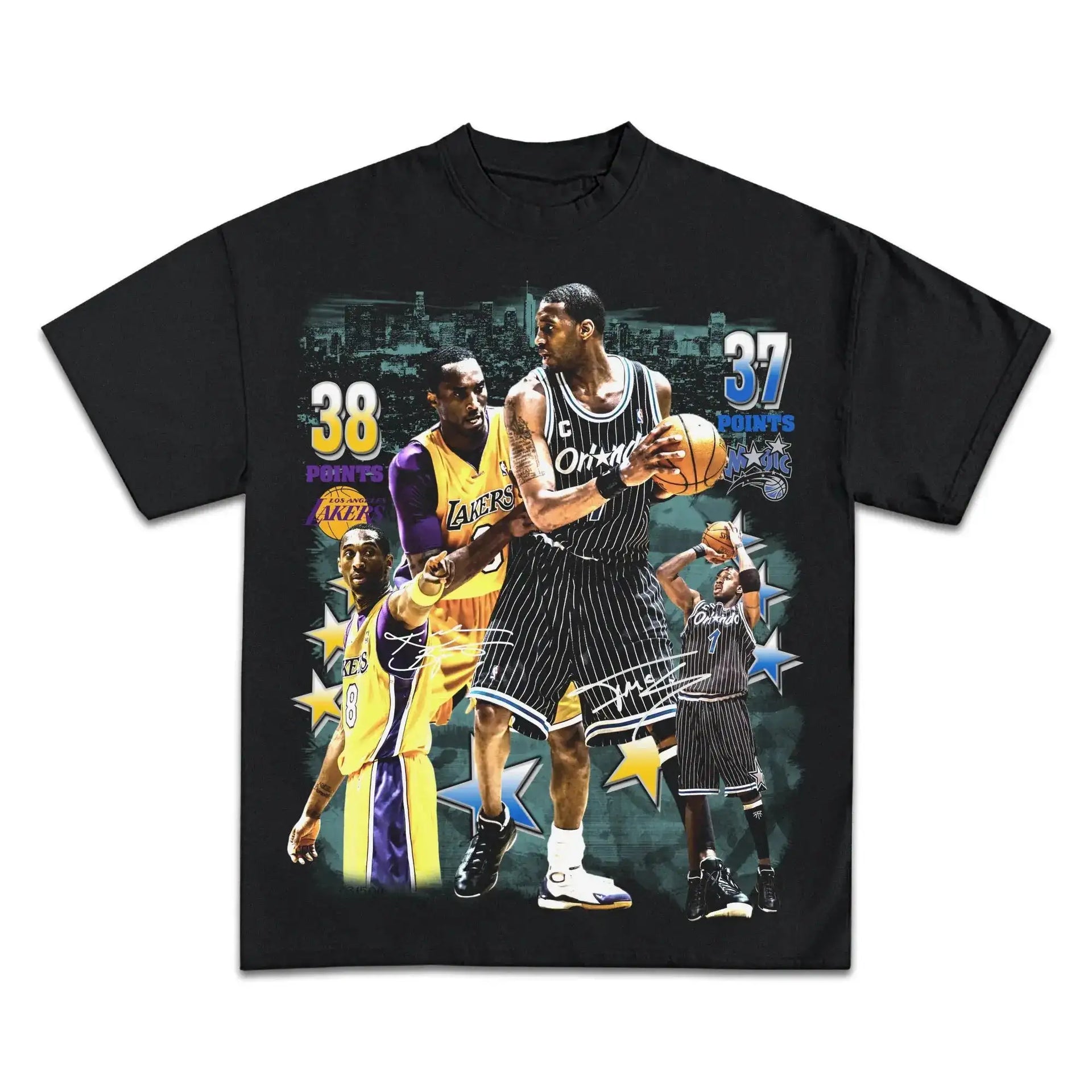 Black t-shirt with basketball player graphic and numbers on a white background. kobe bryant and tracy basketball vintage shirt