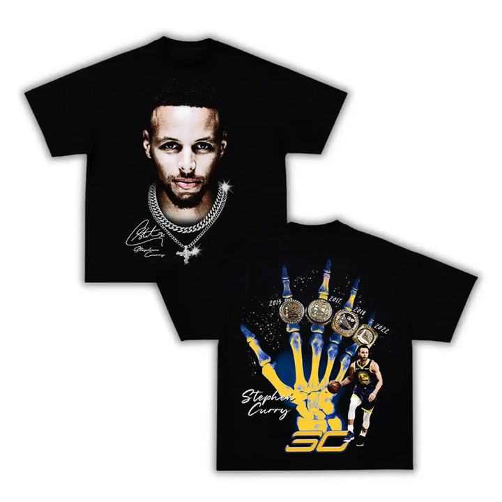 Black t-shirt with a graphic of a hand with rings and a basketball player, featuring a signature and branding.
