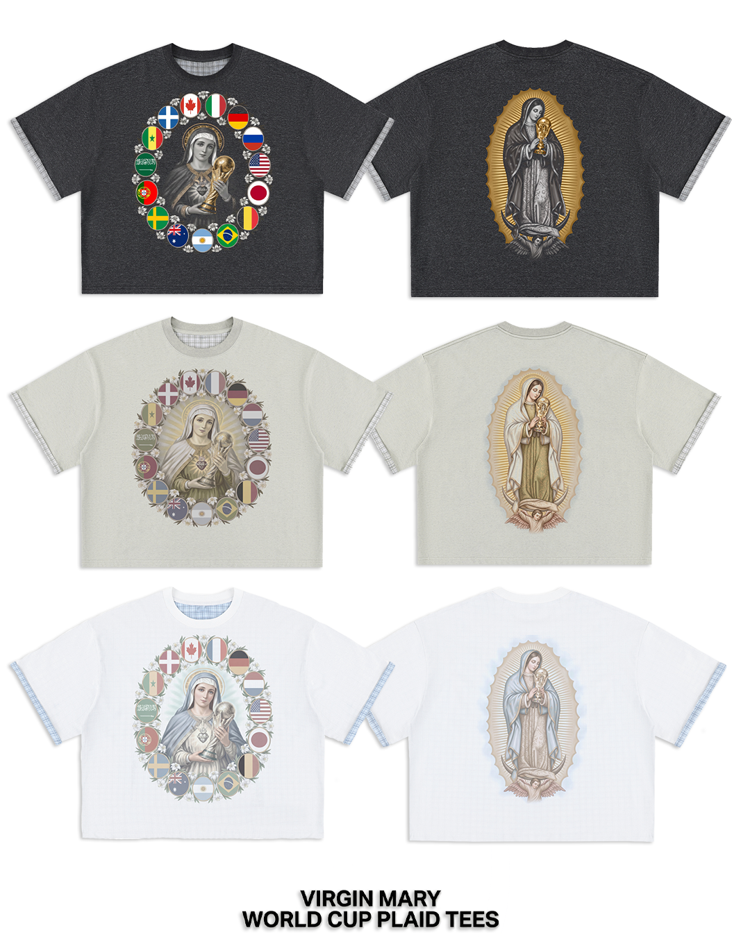 Four t-shirts with Virgin Mary and world cup design on a white background