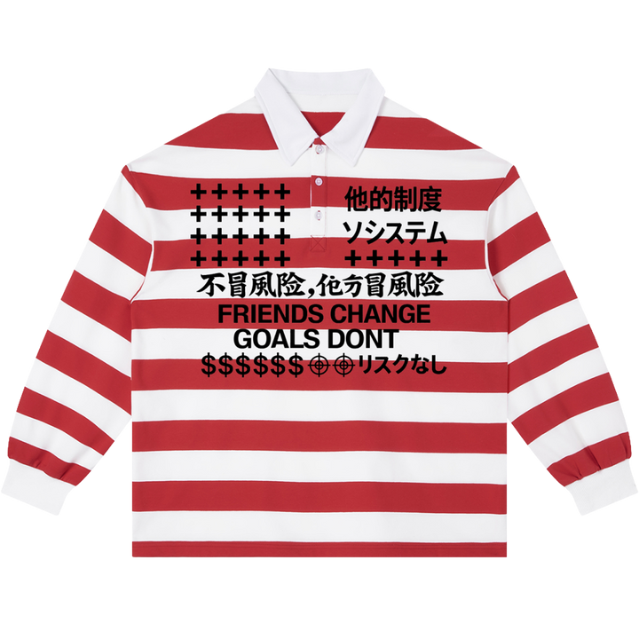 Friends Change, Money Don't Collared Color Block Stripe Polo Shirt Y2K White / Red / Black - Neniom