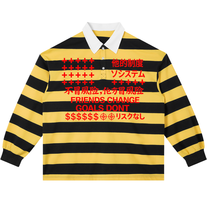 Friends Change, Money Don't Collared Color Block Stripe Polo Shirt Yellow / Navy Blue / Red - Neniom