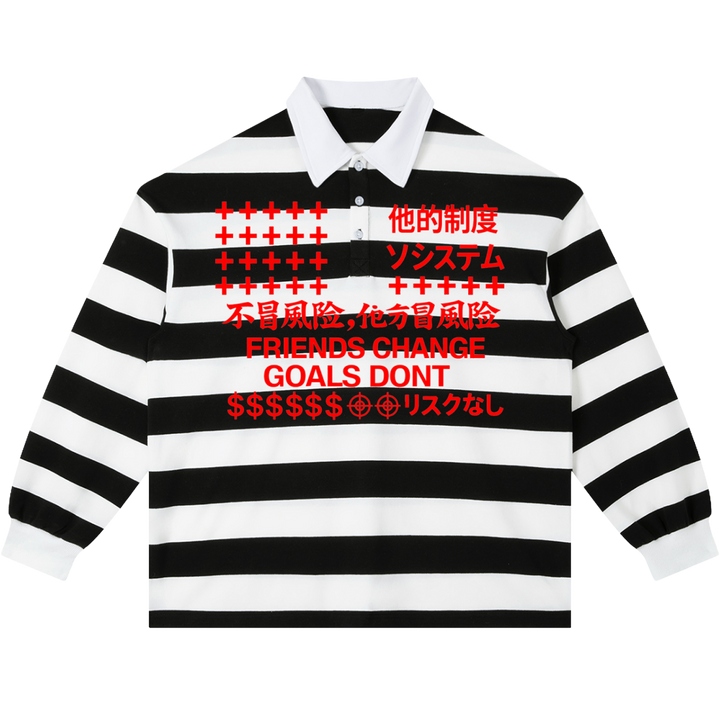 Friends Change, Money Don't Collared Color Block Stripe Polo Shirt Y2K Black / White / Red - Neniom