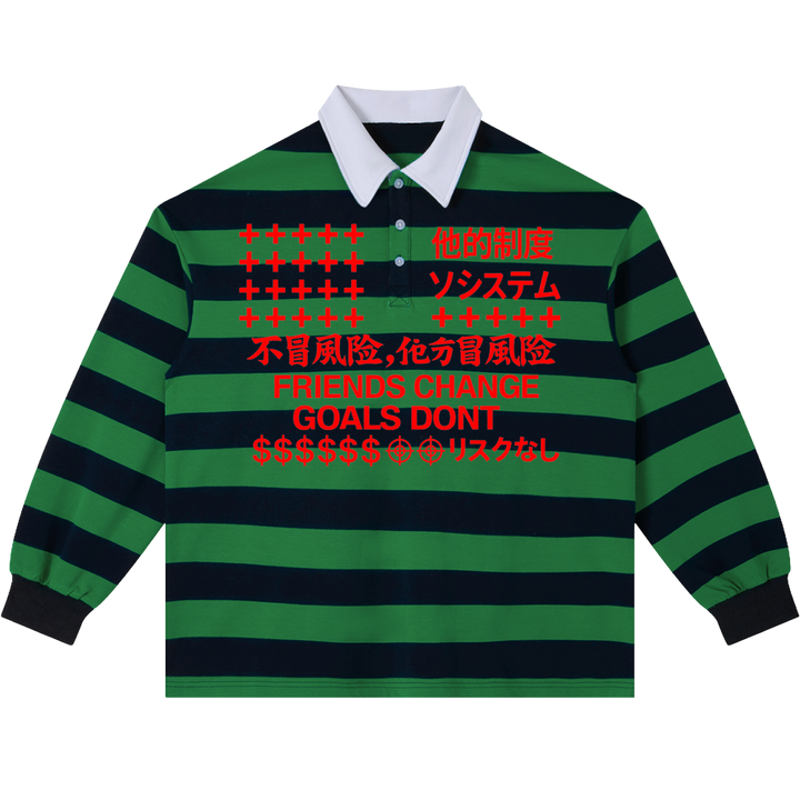 Friends Change, Money Don't Collared Color Block Stripe Polo Shirt Y2K Green / Navy Blue / Red - Neniom