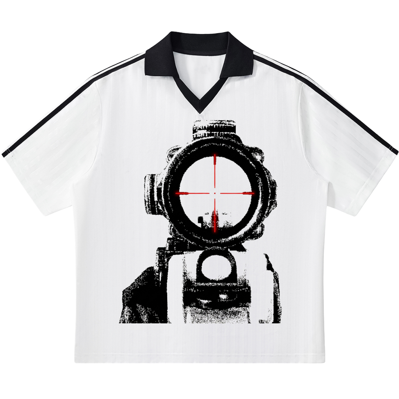 White t-shirt with black and red graphic design on a white background. boxy streetwear jersey