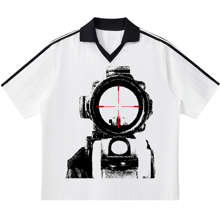 White t-shirt with black and red graphic design on a white background. boxy streetwear jersey