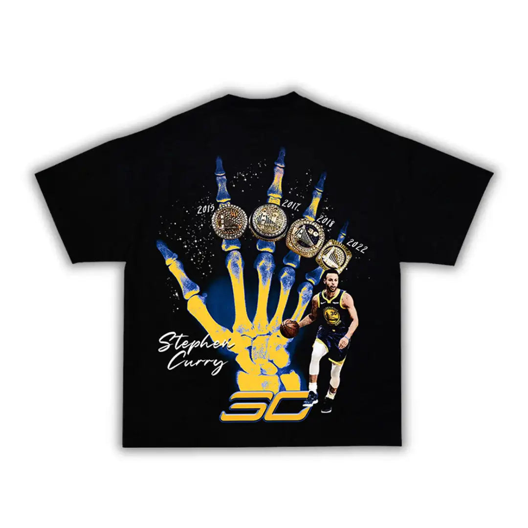 Black t-shirt with a graphic of a hand, basketball, and a player, featuring the number 30 and text.