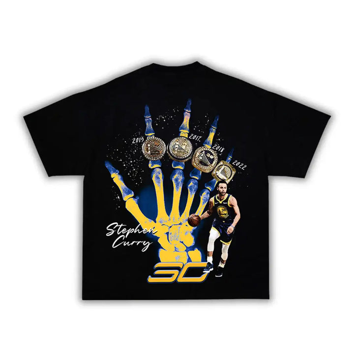Black t-shirt with a graphic of a hand, basketball, and a player, featuring the number 30 and text.