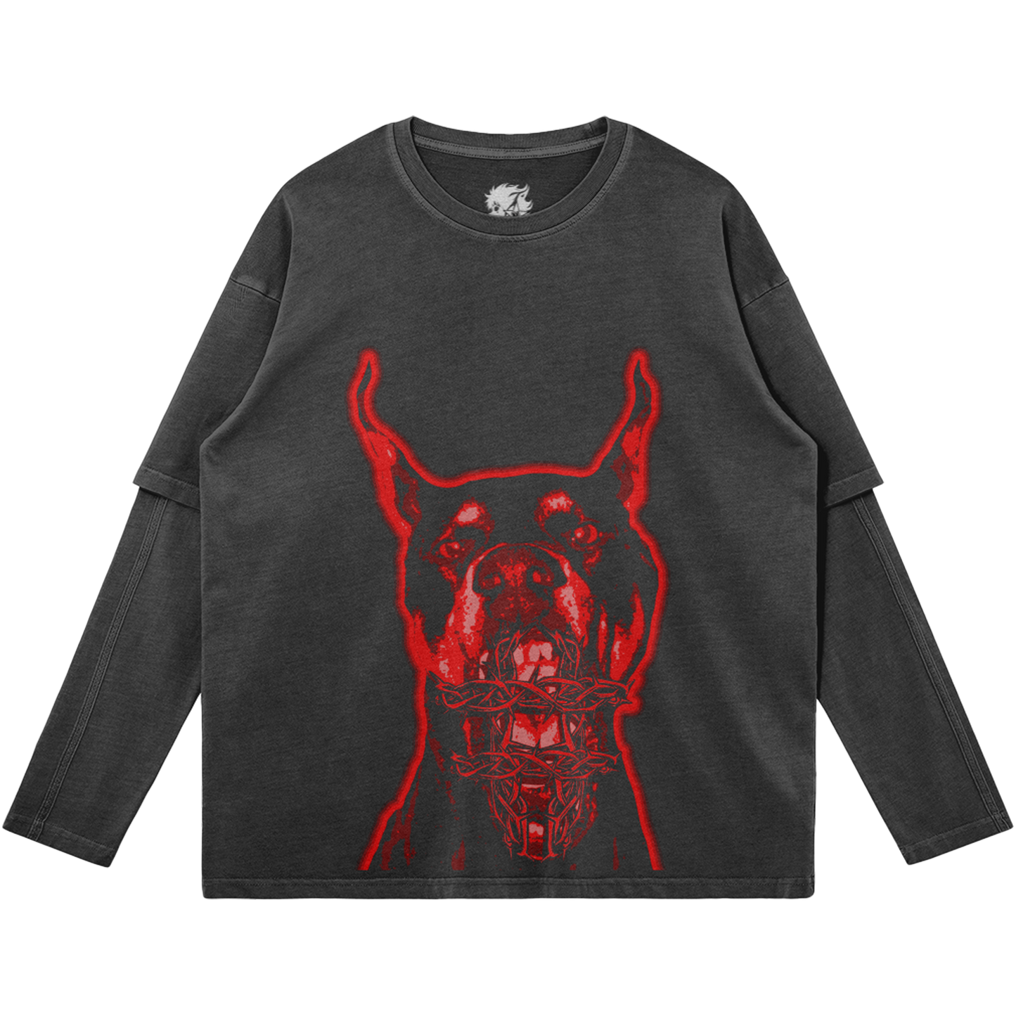 Hell Hound Faded Faux-layered Faded Long Sleeve Streetwear Y2K