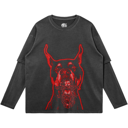 Hell Hound Faded Faux-layered Faded Long Sleeve Streetwear Y2K