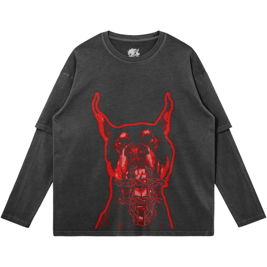 Hell Hound Faded Faux-layered Faded Long Sleeve Streetwear Y2K