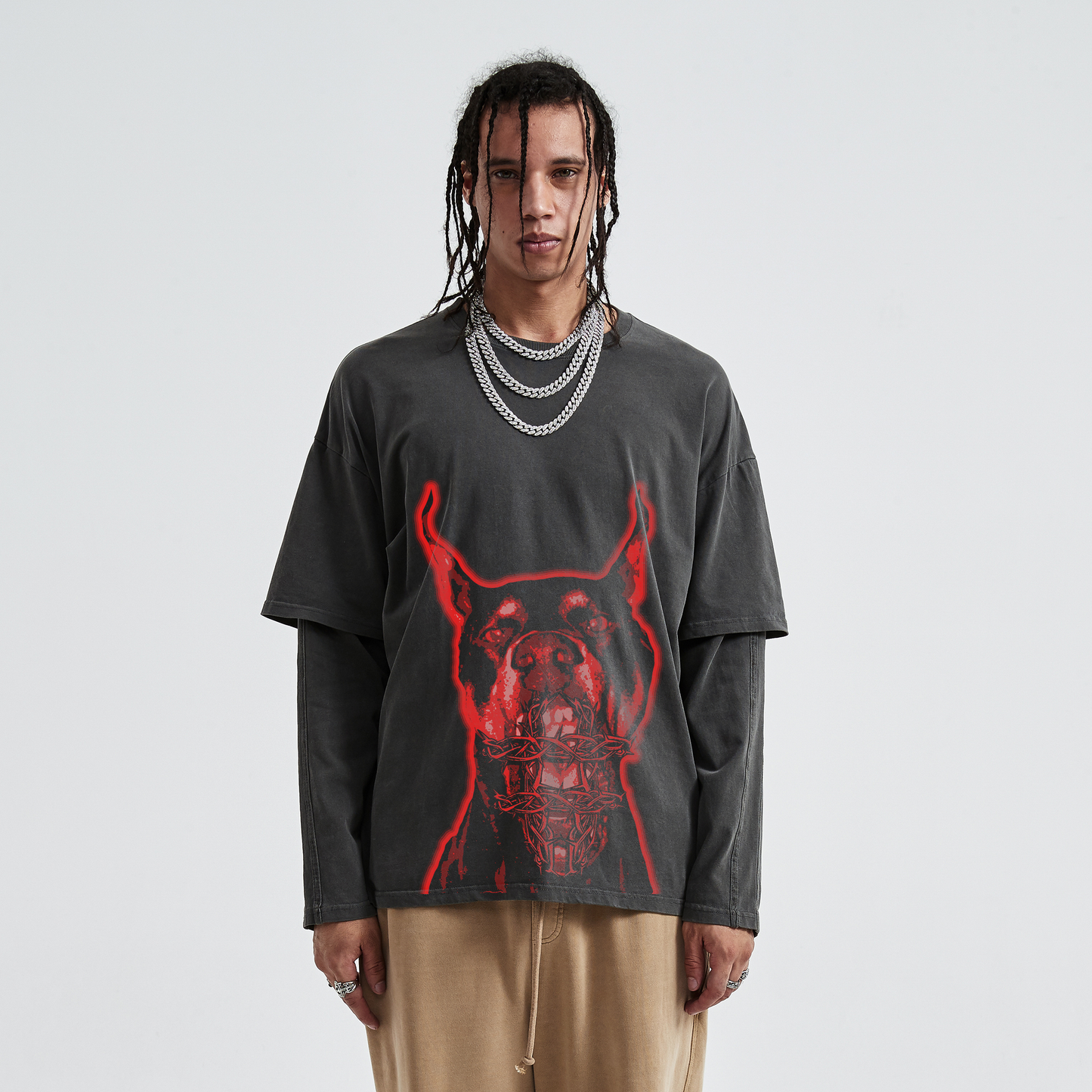 Hell Hound Faded Faux-layered Faded Long Sleeve Streetwear Y2K