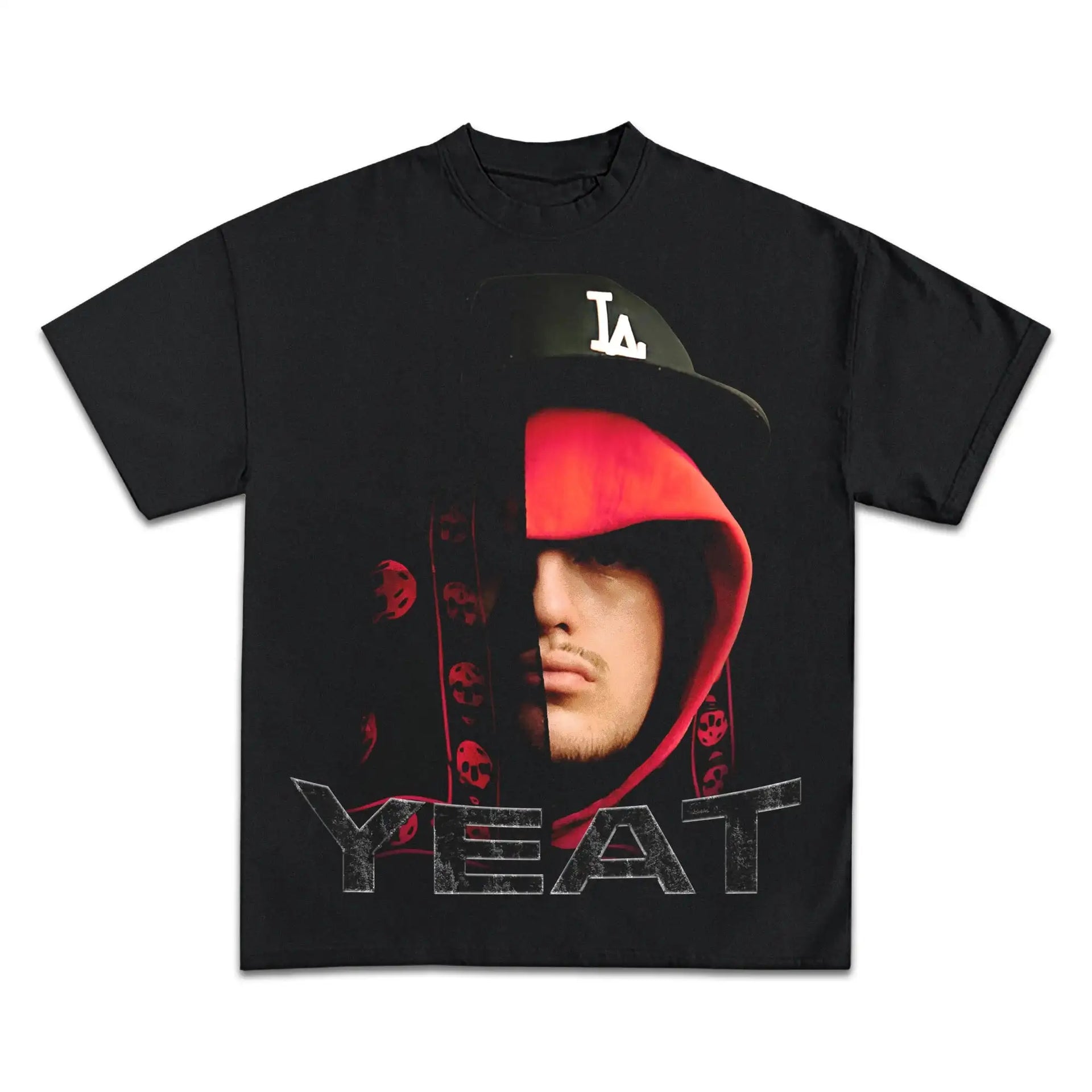 Black t-shirt with graphic design of a person wearing a red hoodie and 'YEAT' text on a white background