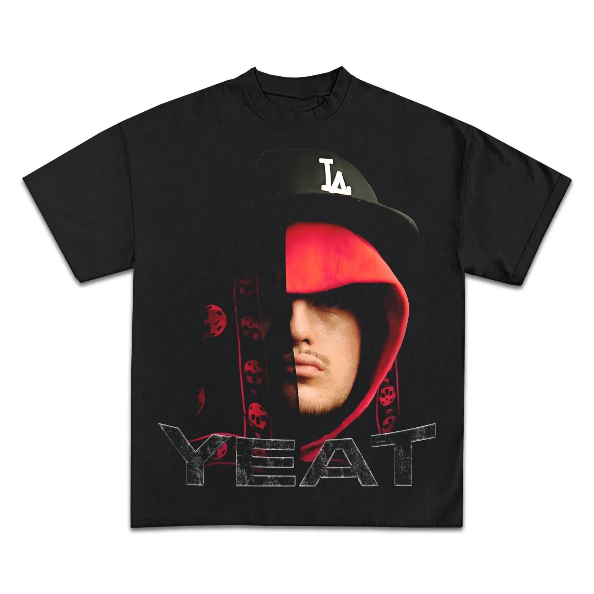 Black t-shirt with graphic design of a person wearing a red hoodie and 'YEAT' text on a white background
