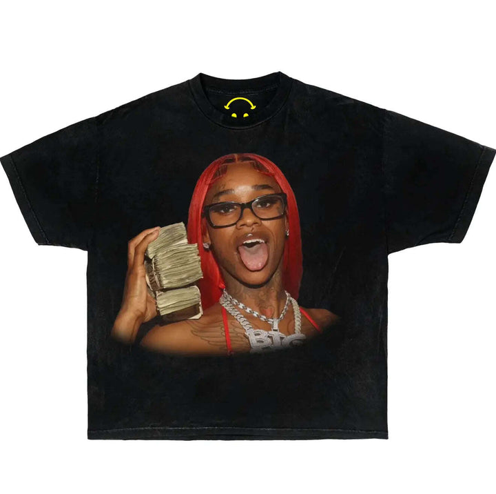 Y2K inspired streetwear tee – bold money graphic shirt with red hair rap style print. Sexy Redd Shirt. Vintage Oversized Boxy Money Sexy Redd Music